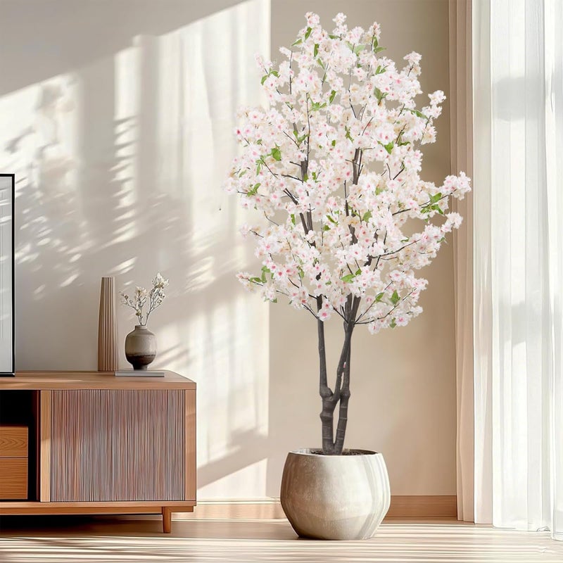 BINCUE Artificial White Cherry Blossom Tree Fake Tree Cherry Blossom Decor Fake Flowers Faux Flowering Tree White Flowers Floral for Indoor Outdoor Room Home Decor Spring Gift 5.74FT - Image 4