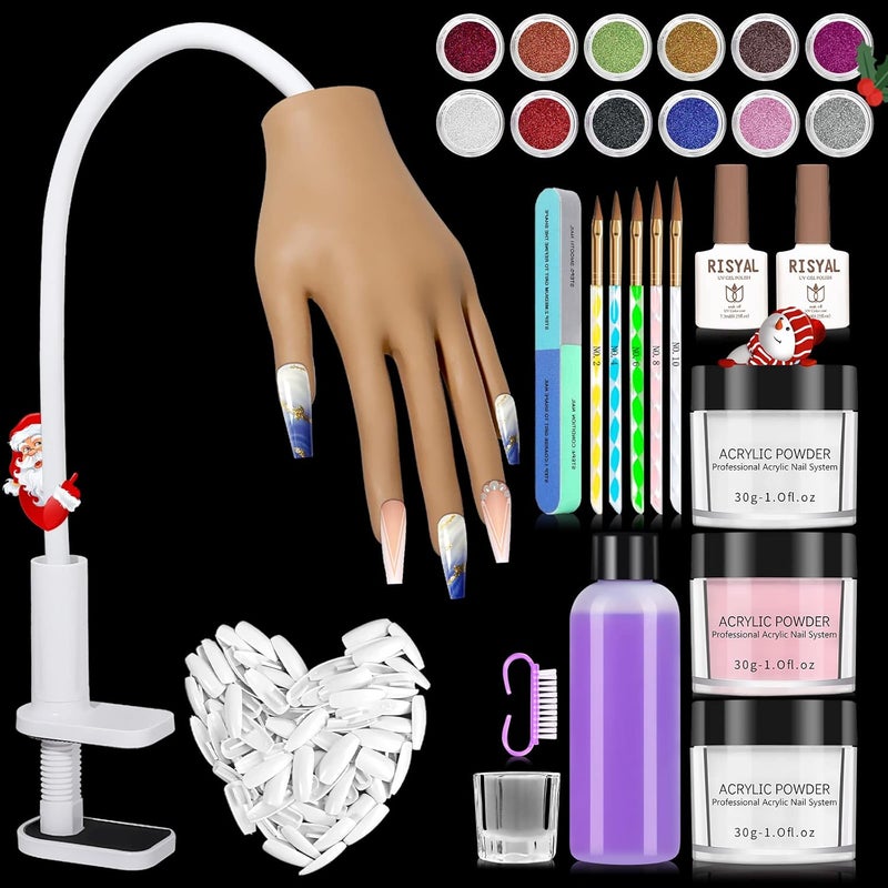 Practice Hand for Acrylic Nails Fake Nail Practice Hand Nail Hand Practice Model Flexible Fake Hand Nail Training Hand with 30G Acrylic Powder Nail Kit for DIY Nail Art