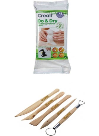 Glance Ceramic Clay White 500 gr + Modeling Pen Ebeşuar 5 Piece Wooden Set 