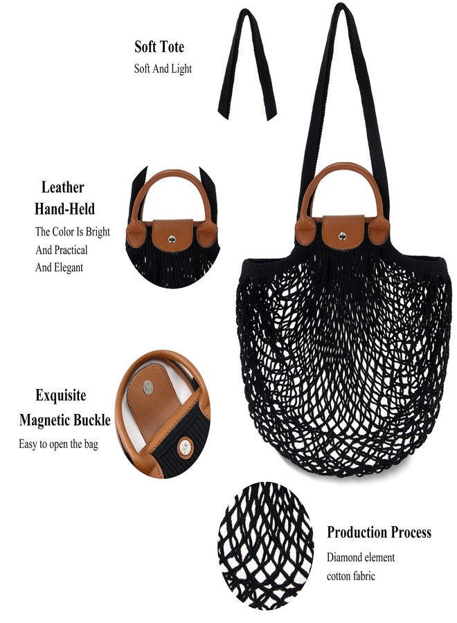 Hibala Woven Bag for Women, Fishing net bag,Straw Mesh Tote Bag, Beach,Hobo Bag, Foldable Large Capacity (Black) - Image 4