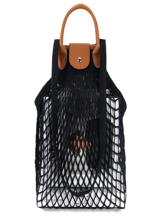 Hibala Woven Bag for Women, Fishing net bag,Straw Mesh Tote Bag, Beach,Hobo Bag, Foldable Large Capacity (Black) - Image 1