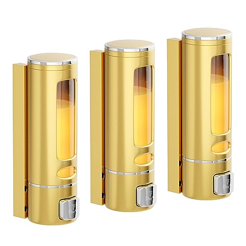 Pixaflo Elix Liquid Sanitizer Shower Gel Dish Wash Soap Dispenser for Bathroom Kitchen | 400 ml Capacity | Wall Mounted (Gold, Pack of 3) - Image 1