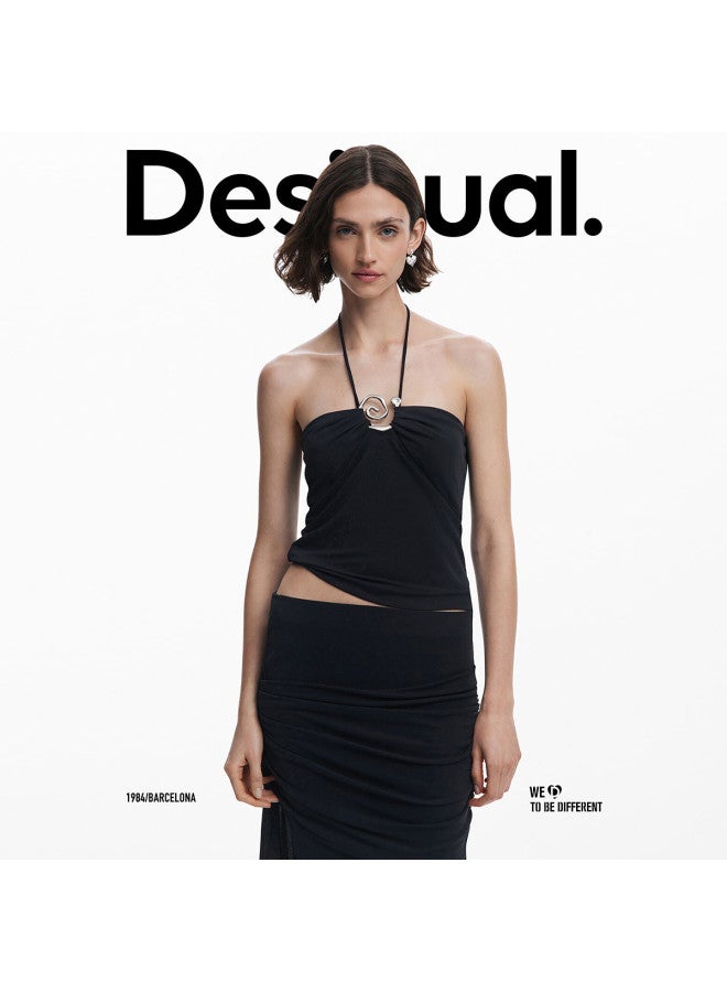 DESIGUAL تنورة ضيقة سوداء بخصر مطوي وشق جانبي ss25 - Image 4