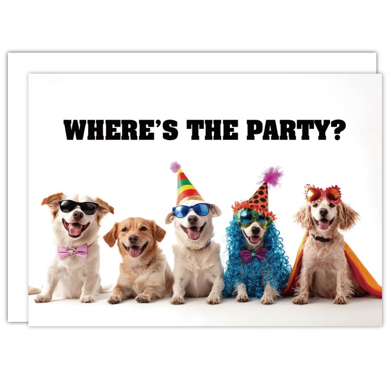 Gooji 5x7 Where's Party Dogs Birthday Card â€“ Funny Birthday Cards for Women â€“ Fun Happy Birthday Card for Husband and Wife â€“ Mom, Dad, Best Friend, Son, Daughter - Image 1
