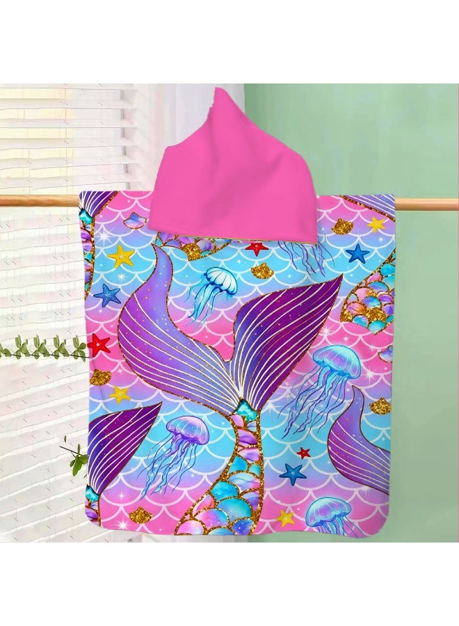 Pink Blue Gradient Fish Scale Base Full Printed Gilded Outline Mermaid Tail Jellyfish Starfish Shell Dreamy Underwater Solid Bright Pink Hood Unisex Kids Hooded Quick Dry Poncho Towel, Polyester Soft Water Absorbent Loose Windproof Bath Wrap for All Kids, Ideal for Beach, Swimming Pool, Hot Spring & Daily Shower - Image 3