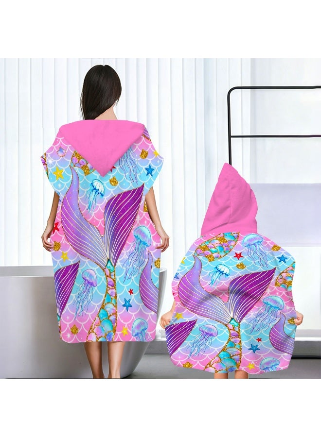 Pink Blue Gradient Fish Scale Base Full Printed Gilded Outline Mermaid Tail Jellyfish Starfish Shell Dreamy Underwater Solid Bright Pink Hood Unisex Kids Hooded Quick Dry Poncho Towel, Polyester Soft Water Absorbent Loose Windproof Bath Wrap for All Kids, Ideal for Beach, Swimming Pool, Hot Spring & Daily Shower - Image 4