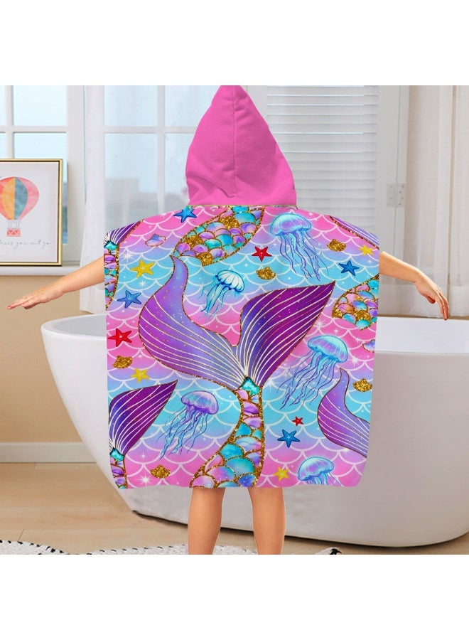 Pink Blue Gradient Fish Scale Base Full Printed Gilded Outline Mermaid Tail Jellyfish Starfish Shell Dreamy Underwater Solid Bright Pink Hood Unisex Kids Hooded Quick Dry Poncho Towel, Polyester Soft Water Absorbent Loose Windproof Bath Wrap for All Kids, Ideal for Beach, Swimming Pool, Hot Spring & Daily Shower - Image 2