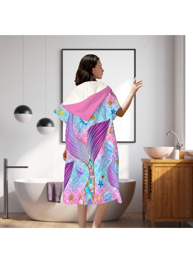 Pink Blue Gradient Fish Scale Base Full Printed Gilded Outline Mermaid Tail Jellyfish Starfish Shell Dreamy Underwater Solid Bright Pink Hood Unisex Kids Hooded Quick Dry Poncho Towel, Polyester Soft Water Absorbent Loose Windproof Bath Wrap for All Kids, Ideal for Beach, Swimming Pool, Hot Spring & Daily Shower - Image 5