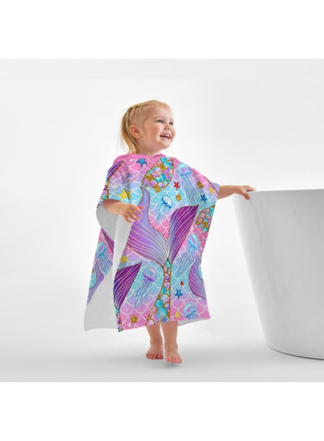 Pink Blue Gradient Fish Scale Base Full Printed Gilded Outline Mermaid Tail Jellyfish Starfish Shell Dreamy Underwater Solid Bright Pink Hood Unisex Kids Hooded Quick Dry Poncho Towel, Polyester Soft Water Absorbent Loose Windproof Bath Wrap for All Kids, Ideal for Beach, Swimming Pool, Hot Spring & Daily Shower - Image 1