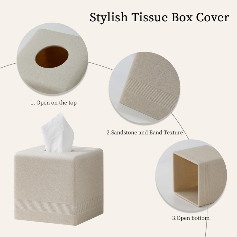 Haocoott Tissue Box Cover Square, Resin Facial Tissue Holder Covers Cube Toilet Paper Holder Case Dispenser Home Decorative for Bathroom Kitchen Bedroom Living Room Office (Beige) - Image 4