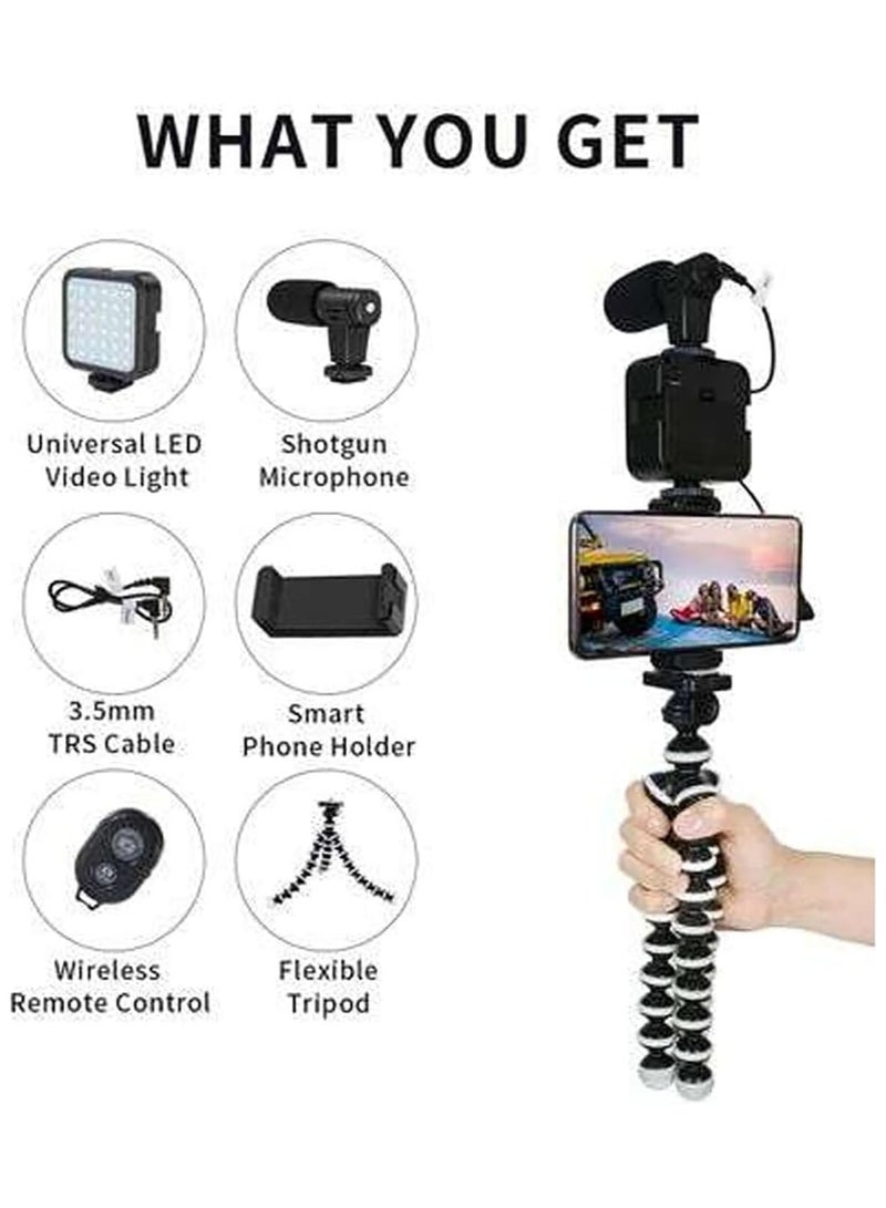 PLOKAMA - PK-775-5-in-1 Smartphone Video Rig, Camera Mount Stabilizer with LED Light, Microphone, U-Grip Handle - (Black) - Image 2
