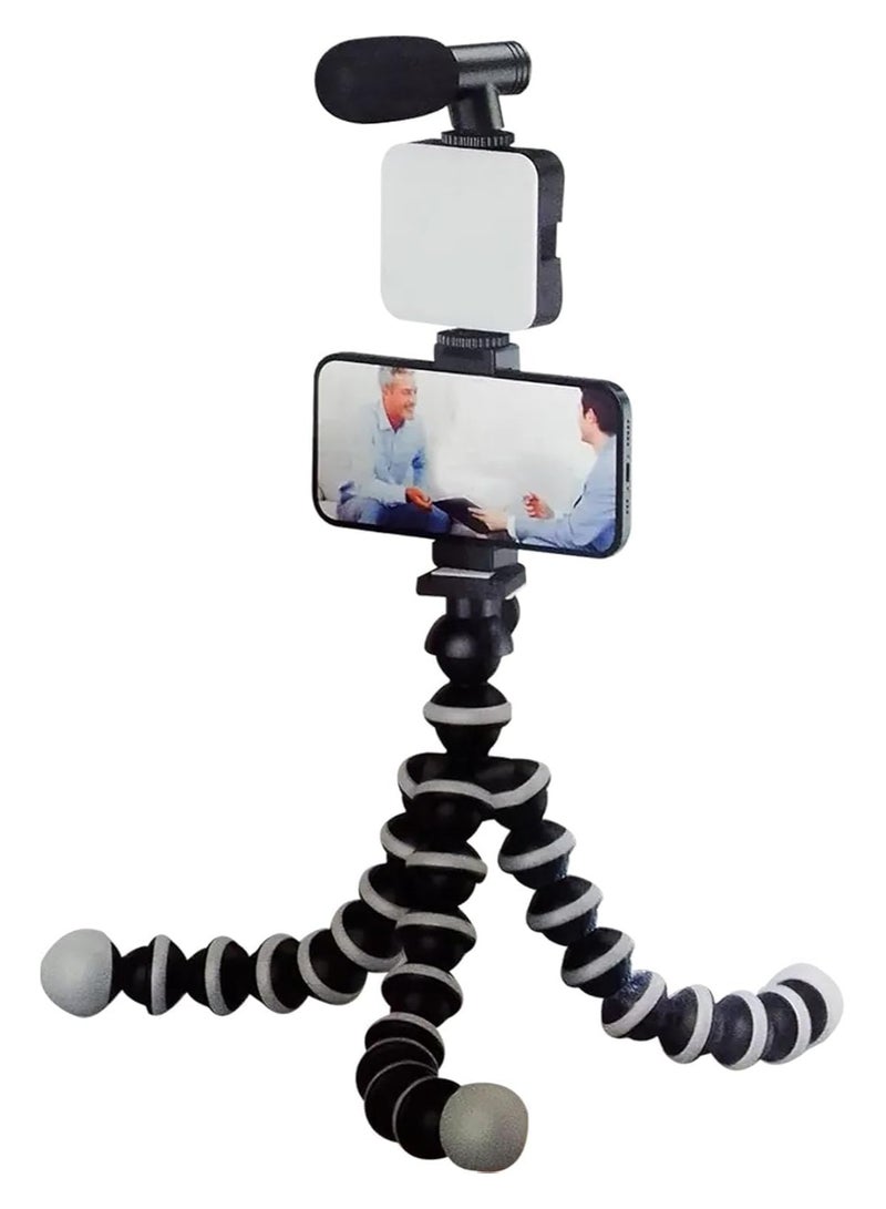 PLOKAMA - PK-775-5-in-1 Smartphone Video Rig, Camera Mount Stabilizer with LED Light, Microphone, U-Grip Handle - (Black) - Image 1