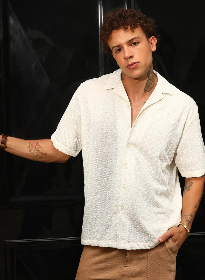 Men's Powder White Rhombus-Texture Oversized Shirt
