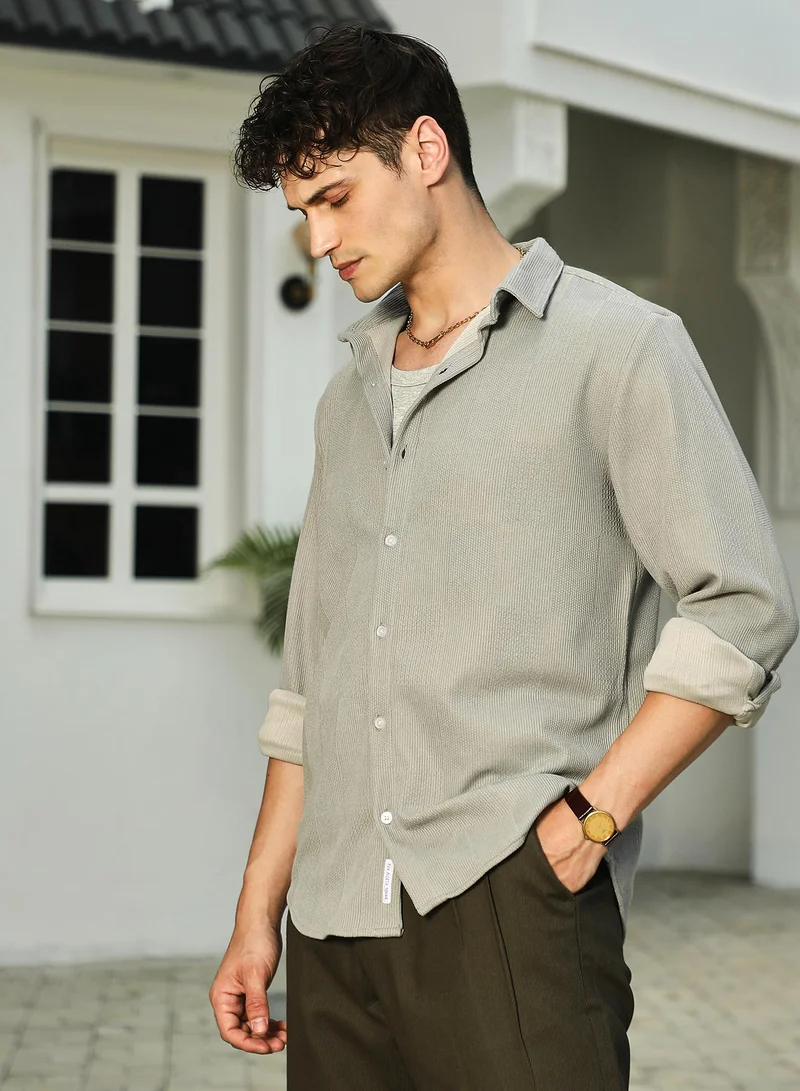 كامبوس سوترا Men's Cloud Grey Weft-Texture Relaxed Shirt