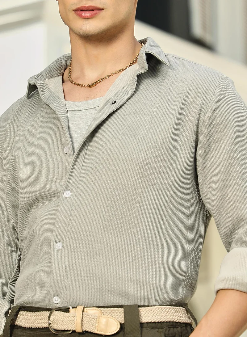كامبوس سوترا Men's Cloud Grey Weft-Texture Relaxed Shirt