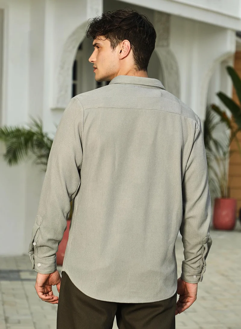 كامبوس سوترا Men's Cloud Grey Weft-Texture Relaxed Shirt