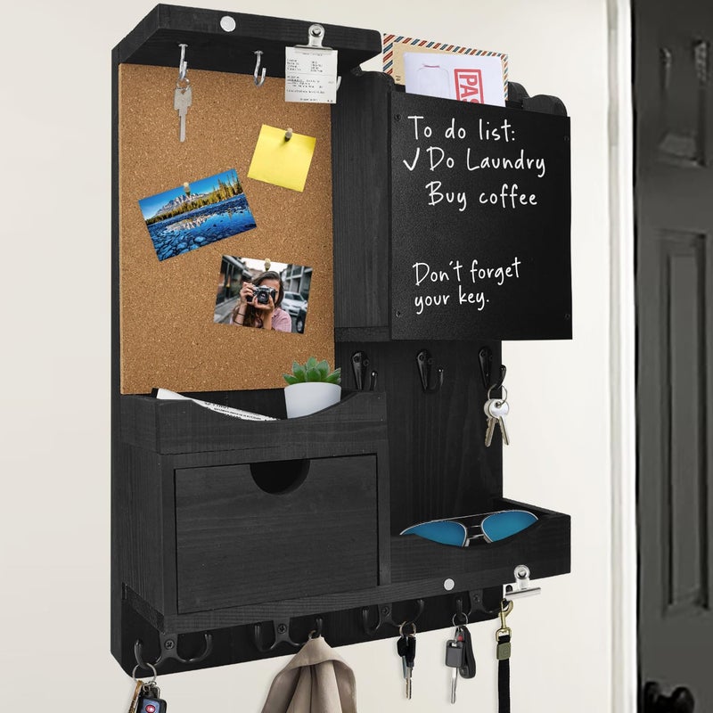 HEKOOLA Key Holder Wall Mount Mail Organizer Key Holder for Wall with Shelf Drawer Chalkboard Corkboard Home Decor Wall Mounted for Room Entryway Black
