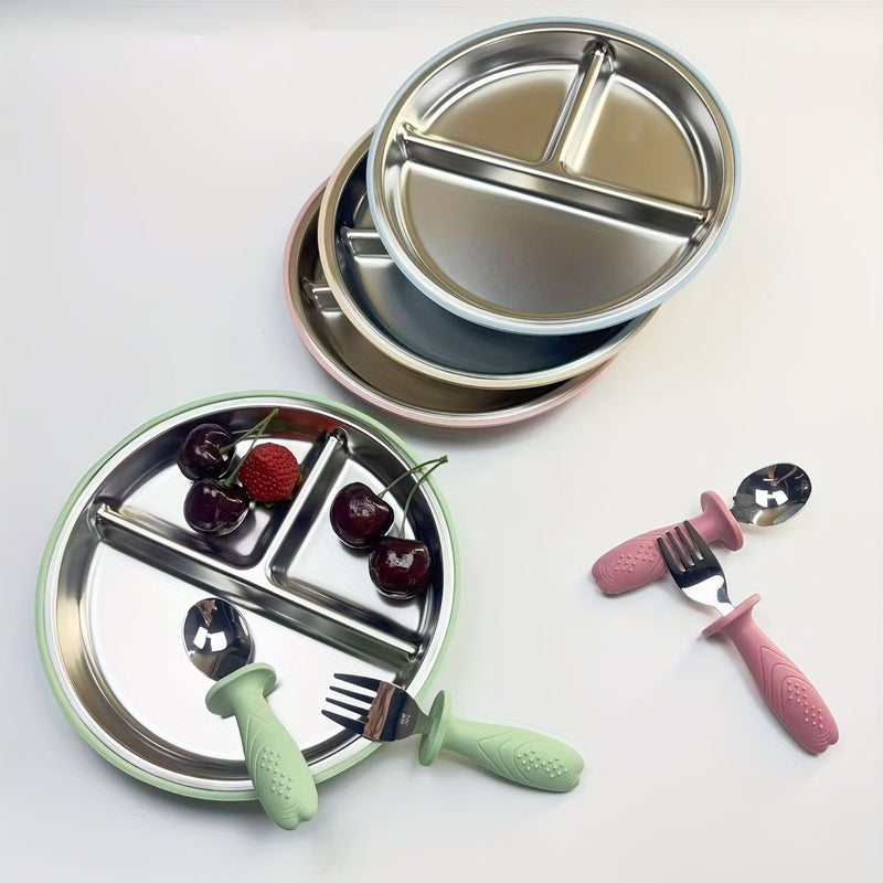 Dark Green Silicone Plate With Stainless Steel Fork And Spoon Set For Kids - Image 1