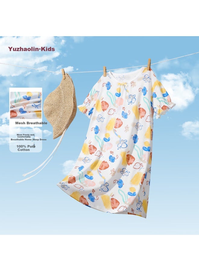 Yuzhaolin Girls' Summer Cotton Pajamas Children'S Home Wear Big Kids Clothing Romantic Short Sleeve Nightgown - Image 1
