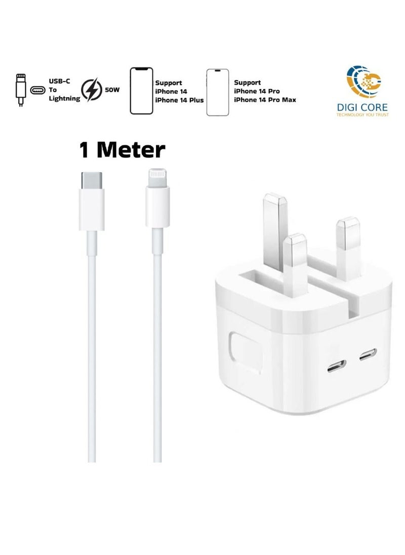 DIGI CORE iPhone Charger 50W USB-C Dual Port Power Adapter iPhone Fast Charger With Type-C To Lightning Cable 1 Meter White USB C Wall Fast Charger Compatible With iPhone All Models Best For iPhone 14 Series  - Image 1