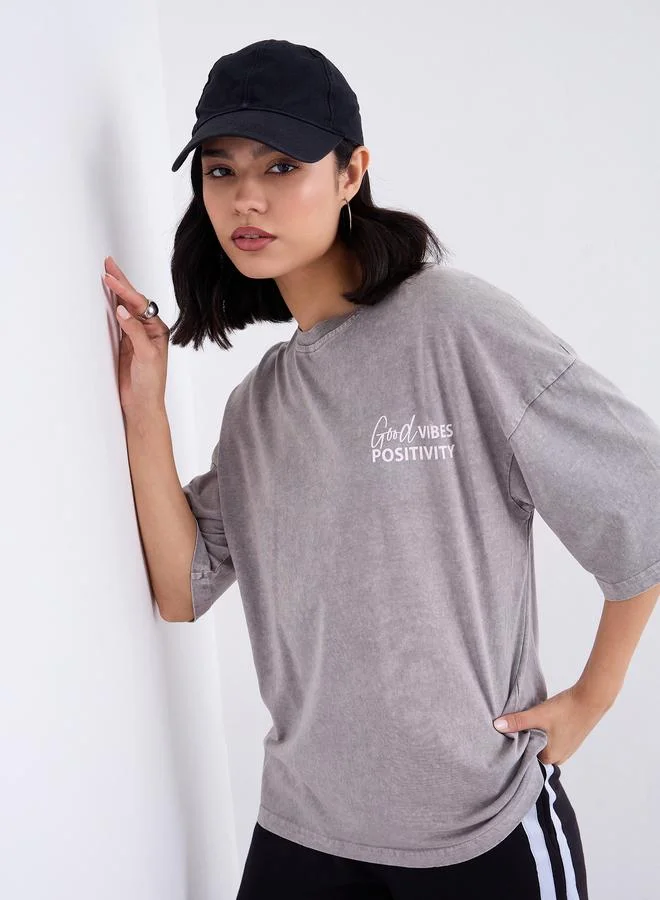 Styli Grey Oversized Slogan Print Acid Wash T-Shirt