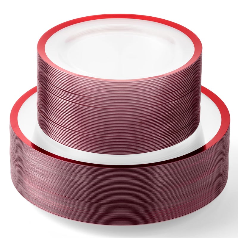 By Madee HEAVYWEIGHT 100 Pc Clear and Red Party Plates  Includes 50 Dinner  50 Dessert Plates 50 Guests