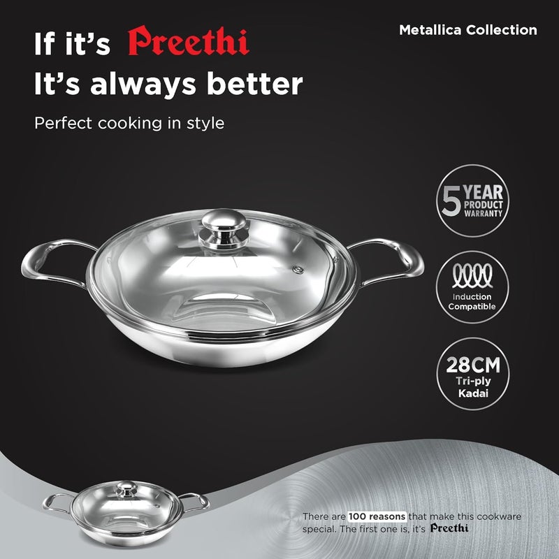 Preethi Metallica Collection Triply Stainless Steel Kadai with Glass Lid 28 cm Gas Induction Compatible Metal Spatula Friendly - Image 2
