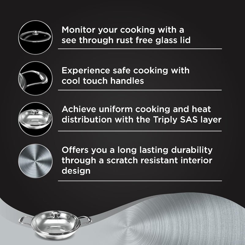 Preethi Metallica Collection Triply Stainless Steel Kadai with Glass Lid 28 cm Gas Induction Compatible Metal Spatula Friendly - Image 4