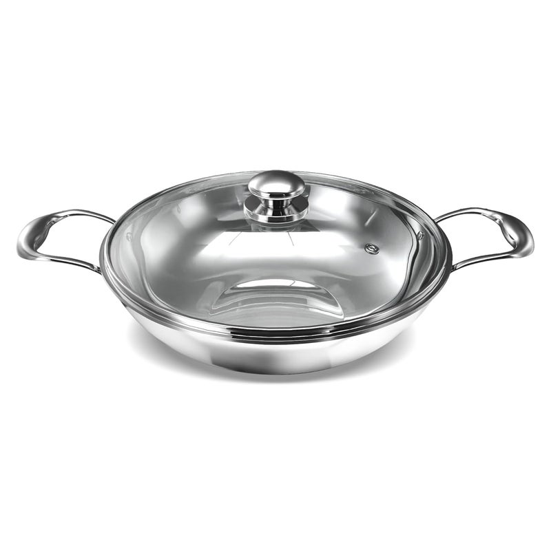 Preethi Metallica Collection Triply Stainless Steel Kadai with Glass Lid 28 cm Gas Induction Compatible Metal Spatula Friendly - Image 1