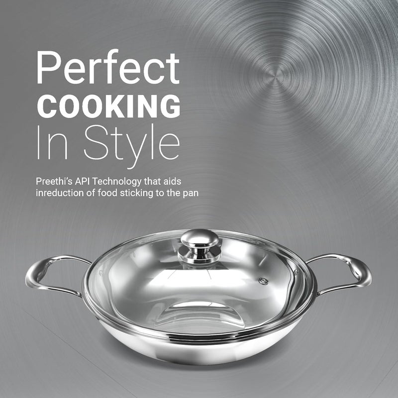 Preethi Metallica Collection Triply Stainless Steel Kadai with Glass Lid 28 cm Gas Induction Compatible Metal Spatula Friendly - Image 5