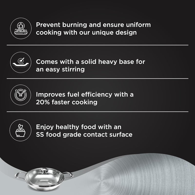 Preethi Metallica Collection Triply Stainless Steel Kadai with Glass Lid 28 cm Gas Induction Compatible Metal Spatula Friendly - Image 3