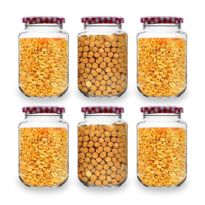 CROCO 500ML GLASS JAR ROUND SHAPE WITH RED WHITE STRIPE CAP RUST PROOF AIR TIGHT KITCHEN STUFF STORAGE GLASS JAR CONTAINER SET 6