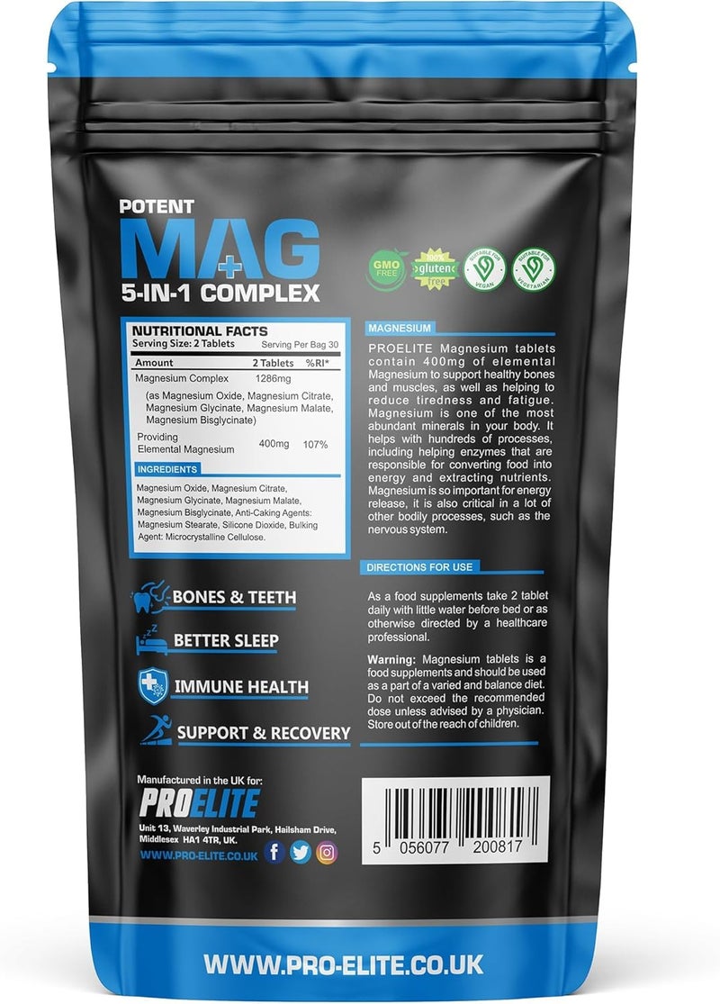 ProElite Magnesium Glycinate 5-in-1 Complex 1286mg - 400mg Elemental Per Serving High-Strength Magnesium with Bisglycinate, Citrate, Malate, Oxide, Glycinate Supplement by PROELITE (60 Vegan Tablets) - Image 2