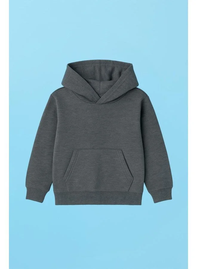 Perendi Unisex Hooded Kangaroo Pocket Ribbed Winter Sweatshirt - Anthracite.