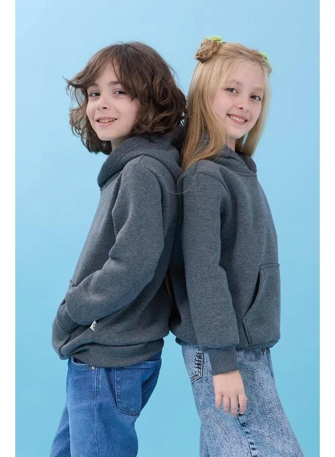 Perendi Unisex Hooded Kangaroo Pocket Ribbed Winter Sweatshirt - Anthracite.
