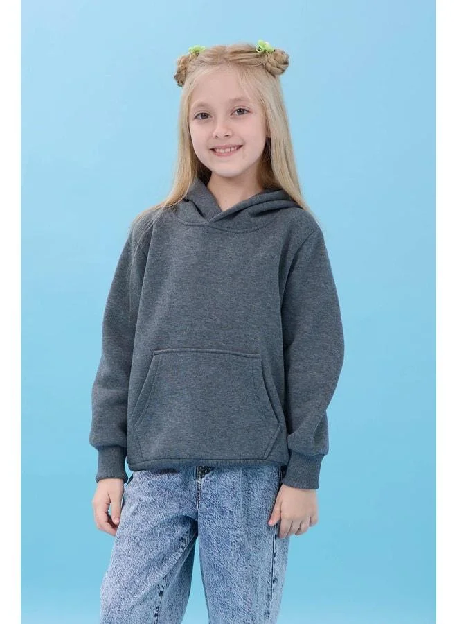 Perendi Unisex Hooded Kangaroo Pocket Ribbed Winter Sweatshirt - Anthracite.