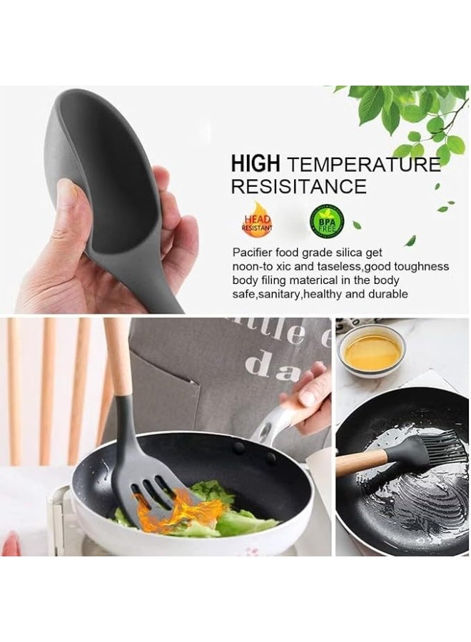 Silicone Kitchen Utensil Set 12 Pcs, Silicone Cooking Utensils with Premium Bamboo Wood Handles Heat Resistant Nonstick, Easy-to-Clean Cookware Utensil Set (Black) - Image 3