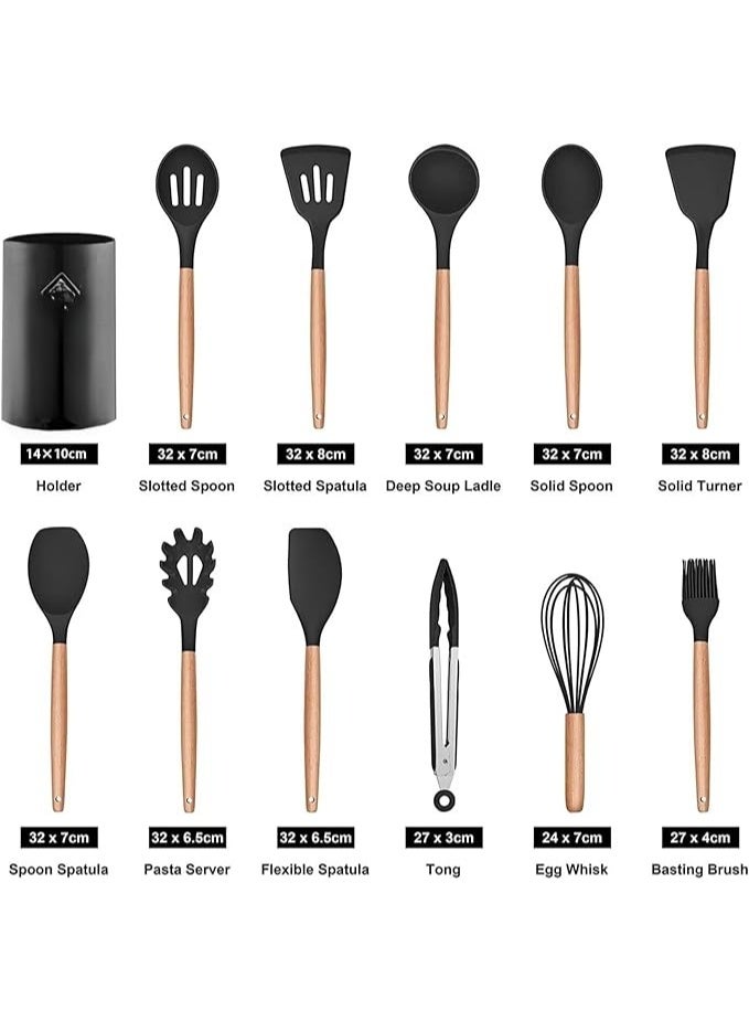 Silicone Kitchen Utensil Set 12 Pcs, Silicone Cooking Utensils with Premium Bamboo Wood Handles Heat Resistant Nonstick, Easy-to-Clean Cookware Utensil Set (Black) - Image 2
