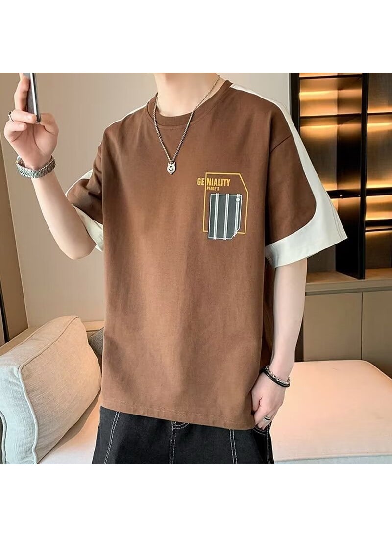 Generic - Versatile Ice Silk T-Shirt For Men Summer Vintage Short Sleeves Trendy Brand Casual Loose Fit Round Neck Half Sleeve Coffee - Image 1