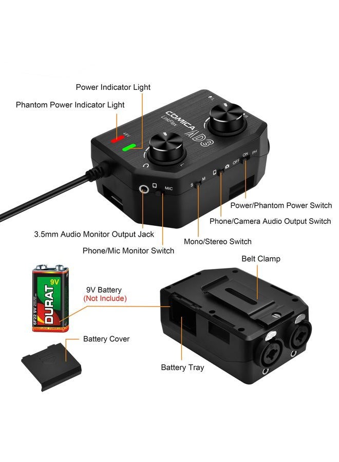 COMICA LINKFLEX.AD3 2-channel XLR/3.5mm Microphone Preamp Mixer with 48V Phantom Power, Real Time Monitor, Guitar Interface Preamp for DSLR Cameras, Camcorders, iPhone,iPad,Mac and Android Smartphones - Image 2