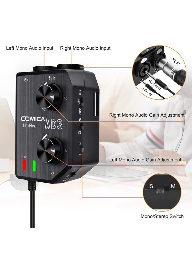 COMICA LINKFLEX.AD3 2-channel XLR/3.5mm Microphone Preamp Mixer with 48V Phantom Power, Real Time Monitor, Guitar Interface Preamp for DSLR Cameras, Camcorders, iPhone,iPad,Mac and Android Smartphones - Image 3