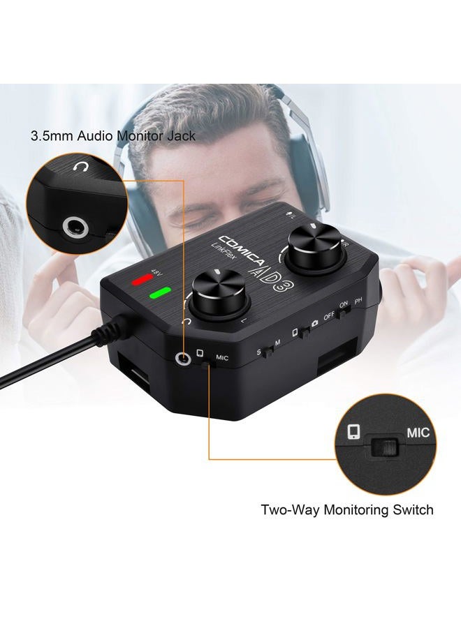 COMICA LINKFLEX.AD3 2-channel XLR/3.5mm Microphone Preamp Mixer with 48V Phantom Power, Real Time Monitor, Guitar Interface Preamp for DSLR Cameras, Camcorders, iPhone,iPad,Mac and Android Smartphones - Image 4