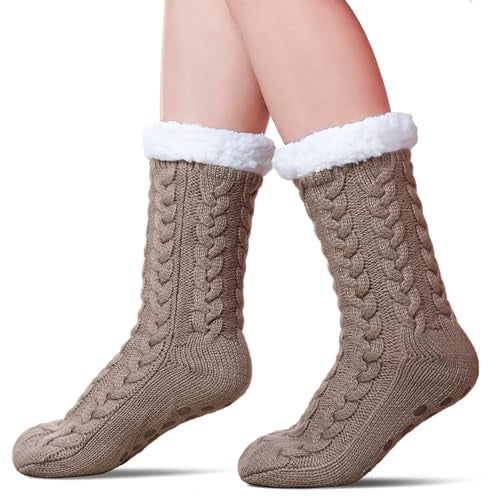 SDBING Women's Winter Super Soft Warm Cozy Fleece Lined Fuzzy Slipper Socks with Grippers (Light Gray, 6-10) - Image 1