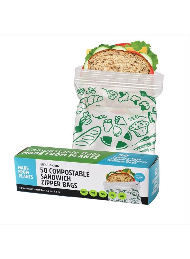 LunchSkins أكياس تخزين الطعام القابلة للتحلل والقابلة لإعادة الإغلاق من Lunchskins، حجم السندويتش، 50 كيس - صديقة للبيئة، مصنوعة بدون PFAS و BPA - Image 1