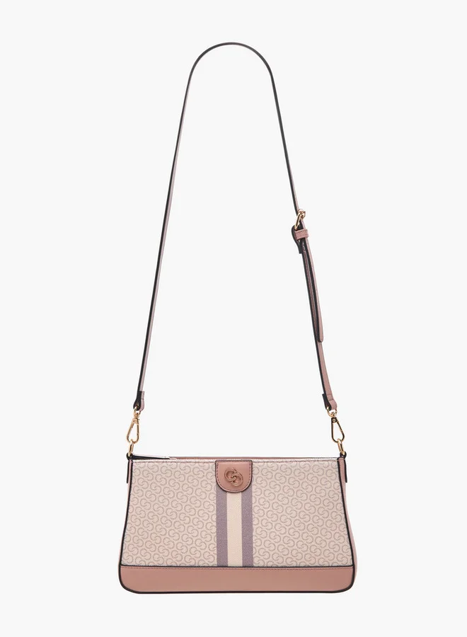 سيليست Monogram Print Crossbody Bag with Detachable Strap and Zip Closure