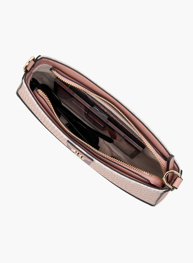 سيليست Monogram Print Crossbody Bag with Detachable Strap and Zip Closure
