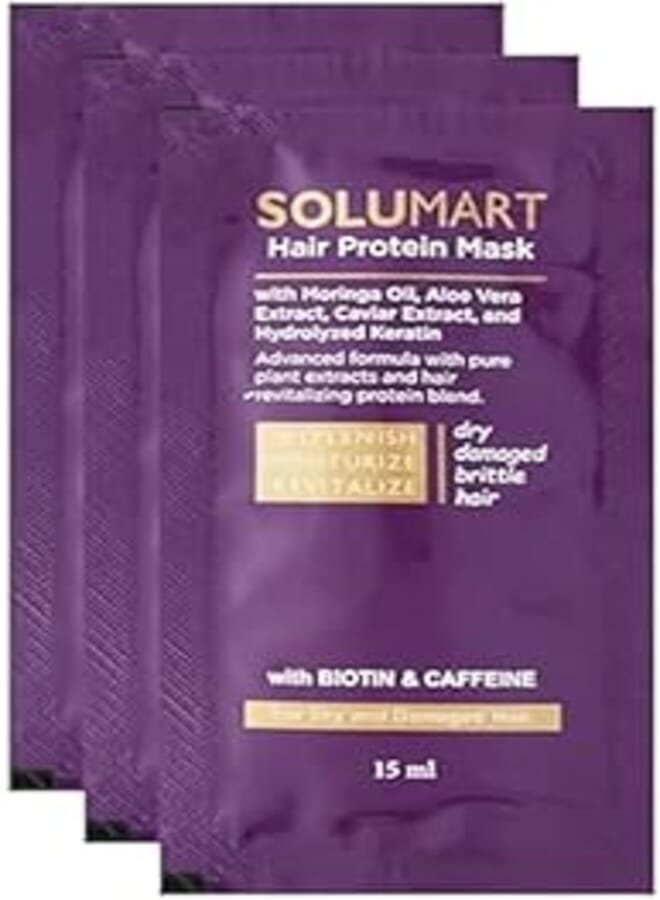 قناع بروتين الشعر من سولومارت للشعر الجاف والتالف 3 أكياس 15 جرام لكل كيس.