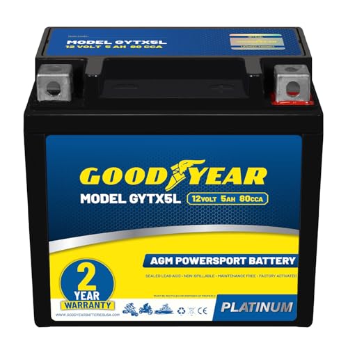 Goodyear GYTX5L  12 Volt 5 AH 80 CCA Rechargeable HighPerformance Maintenance Free SLA  AGM Battery for Motorcycle ATV UTV 4Wheeler Snowmobile Watercraft and more - Image 1