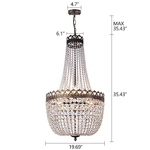 Wellmet Crystal Chandelier Lights, 9 Lights French Empire Chandelier Lighting High Ceiling Hanging Pendant Light Fixture for Dining Living Room Foyer Kitchen Bedroom, Antique Bronze 19.69'' W - Image 3
