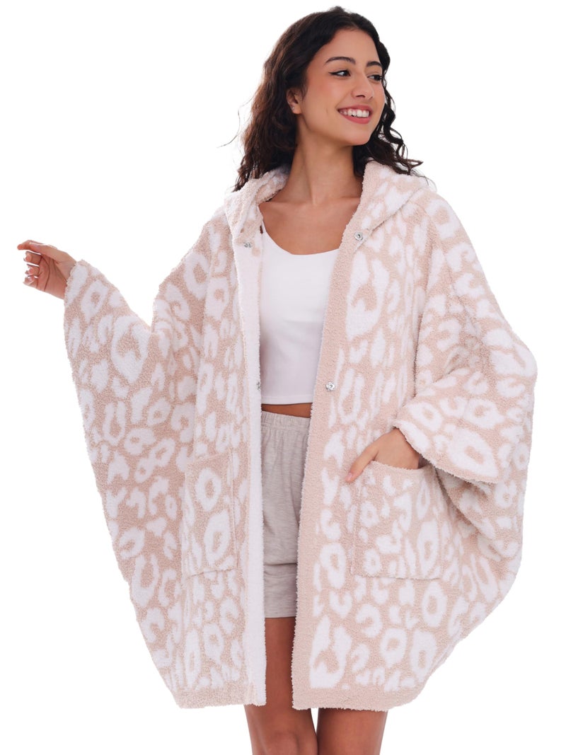 WDCOZY Wearable Blanket Hoodie Poncho Throw Comfy Soft Warm Cape Shawl Cozy Cloak Wrap Hooded with Sleeves For Adults Leopard - Image 1